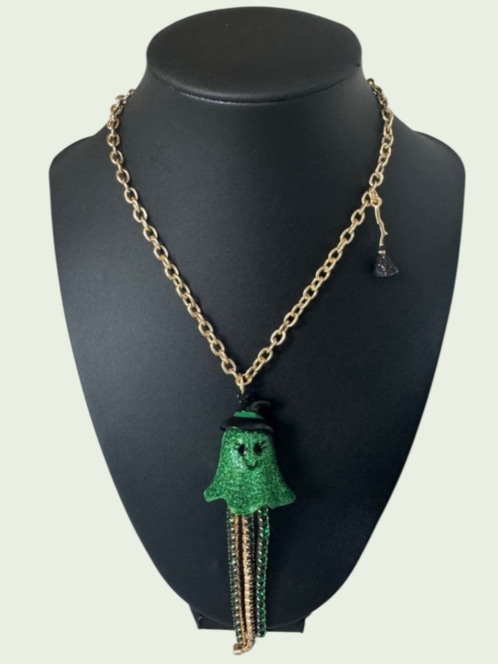 BETSEY JOHNSON Halloween Green Ghost Witch & Accent Broom Necklace NEW NWT